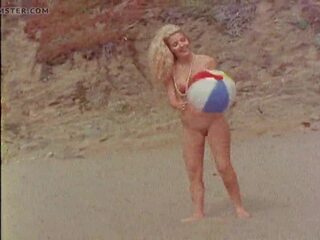 裸 高興 女孩 海灘 球