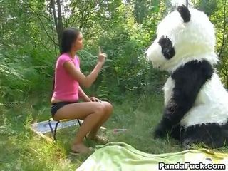 X évalué vidéo en la les bois avec une énorme jouet panda