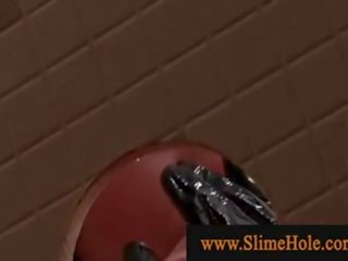 Nasty young lady in red wearing handgloves gets slimed