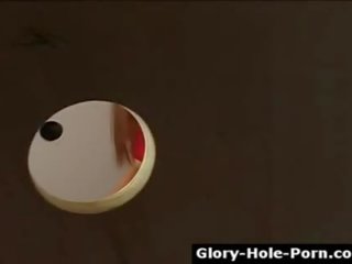 Passionate round ass cookie gags on big penis through gloryhole